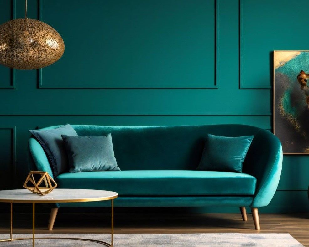 colour drenching living room with green wall and green sofa